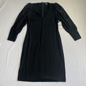 Karen Kane Shift Midi Dress Size Medium Black V Neck Lace Sleeve Long Sleeve NEW